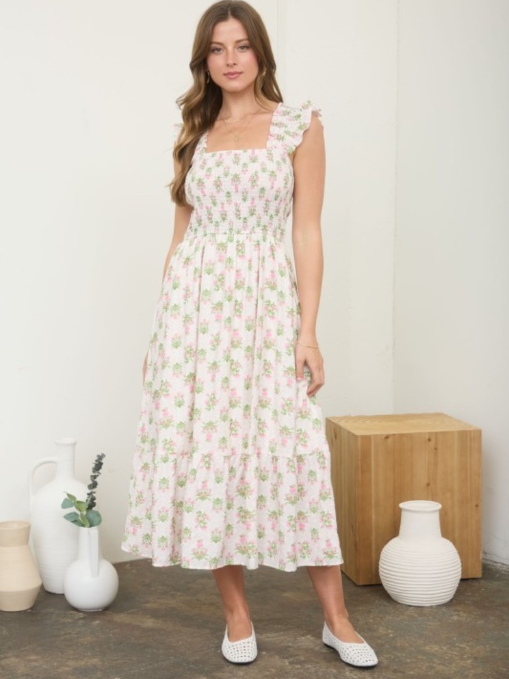 Floral Tile Pattern Smocked Sleeveless Midi Dress